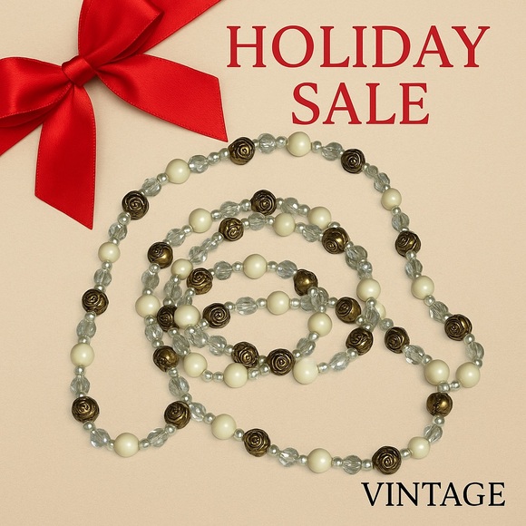 Jewelry - Vintage Gold Rose & Pearl Bead Long Necklace